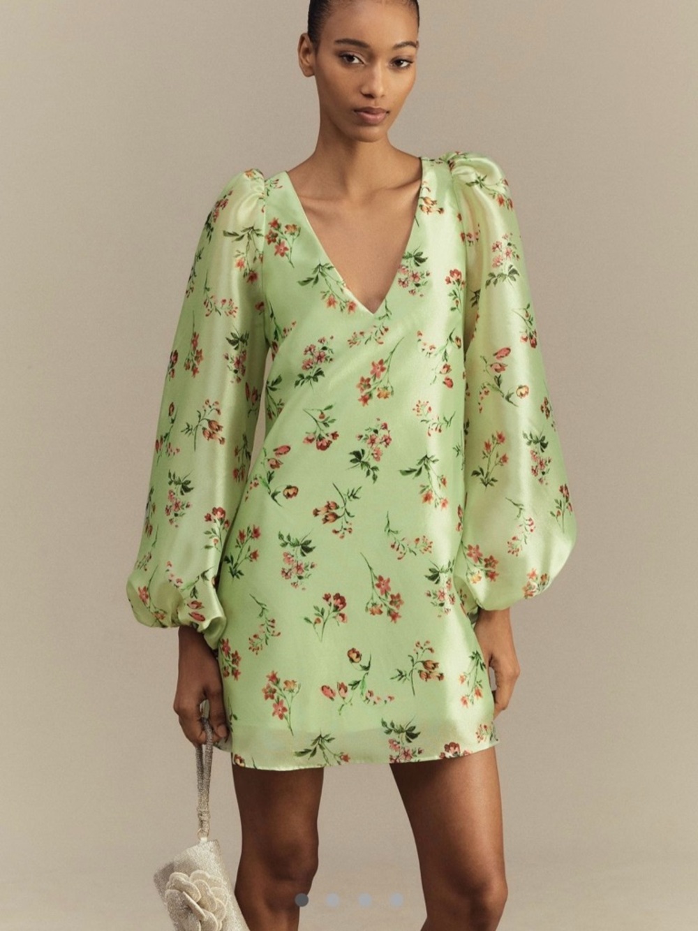 BHLDN Mint Green Floral V-Neck Mini Dress